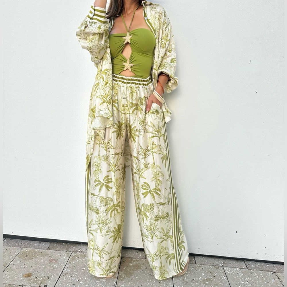 Italian Satin Tropical Jungle Print 2 Piece Set Women Palm Shirt Pants OS - Picture 8 of 11
